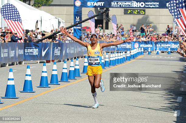 Meb Keflezighi finishes second in the U.S. Olympic Team Trials Men's Marathon on February 13, 2016 in Los Angeles, California.