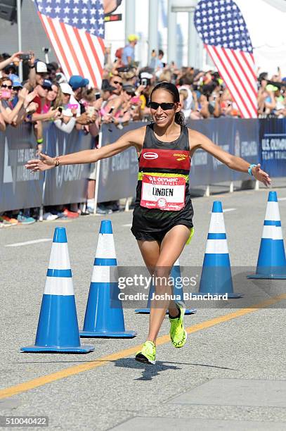 Desiree Linden finshes second in the U.S. Olympic Team Trials Women's Marathon on February 13, 2016 in Los Angeles, California.