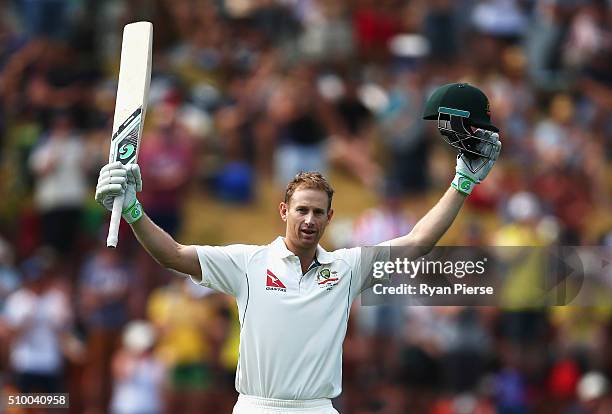 Adam Voges of Australia celebrates after reaching his double century during day three of the Test match between New Zealand and Australia at Basin...