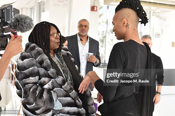 Whoopi Goldberg and designer Stevie Boi attends backstage of Stevie Boi during Fall 2016 New York Fashion Week at Studio 450 on February 13, 2016 in...