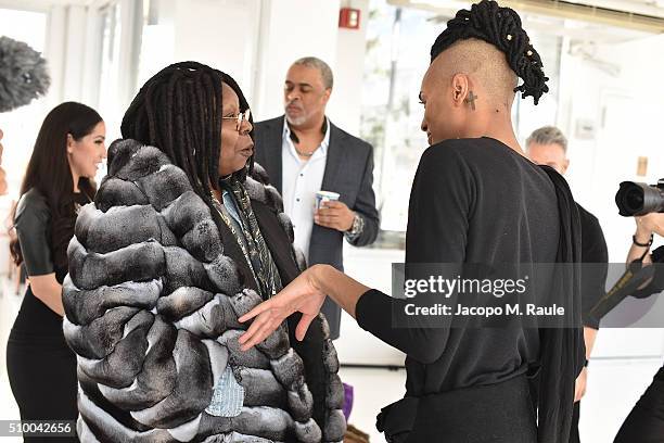 Whoopi Goldberg and designer Stevie Boi attends backstage of Stevie Boi during Fall 2016 New York Fashion Week at Studio 450 on February 13, 2016 in...