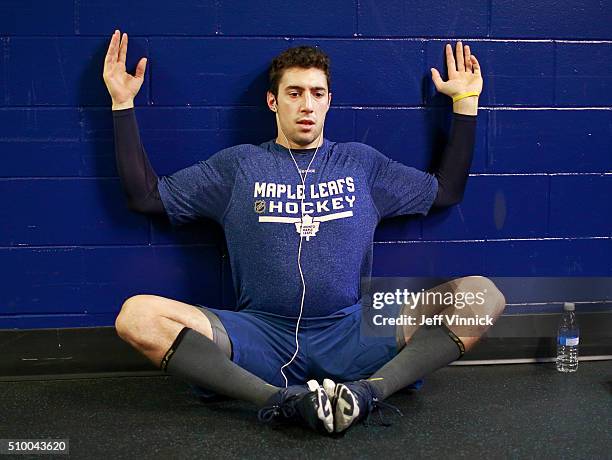 Frank Corrado of the Toronto Maple Leafs stretches before their NHL game against the Vancouver Canucks at Rogers Arena February 13, 2016 in...