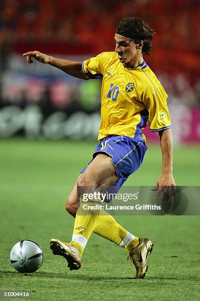 Zlatan Ibrahimovic of Sweden in action during the UEFA Euro 2004, Quarter Final match between Sweden and Holland at the Algarve Stadium on June 26,...