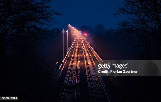 The railway bridge between the german and the polish city Goerlitz and Zgorzelec captured during blue hour on February 13, 2016 in Goerlitz.