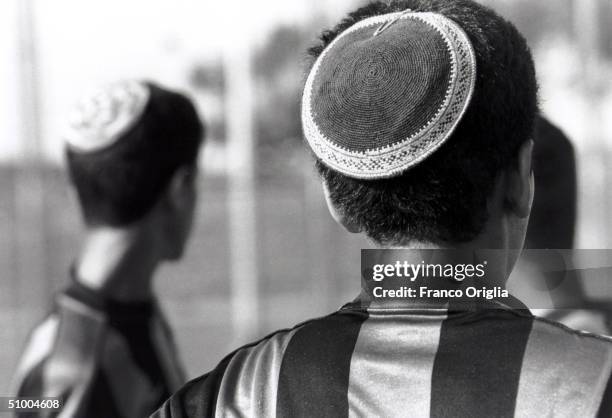 Young footballers involved with Inter Campus Project play during a training session May 20, 2000 in Tel Aviv, Israel. Inter Campus is a social...