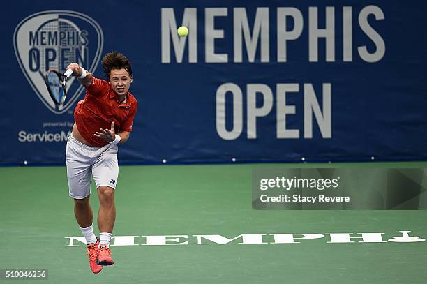 Ricardas Berankis of Lithuania serves to Taylor Fritz of the United States during their semi-final singles match on Day 6 of the Memphis Open at the...