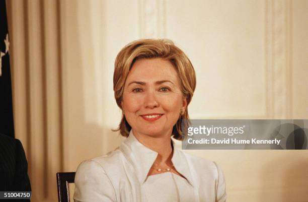 Portrait of First Lady Hillary Clinton at a White House ceremony honoring former President Gerald Ford, who received a Medal of Freedom from...