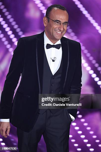 Carlo Conti attends the closing night of 66th Festival di Sanremo 2016 at Teatro Ariston on February 13, 2016 in Sanremo, Italy.