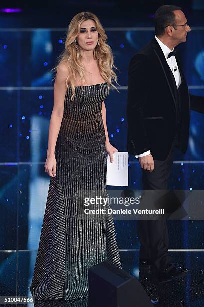 Carlo Conti and Virginia Raffaele attend the closing night of 66th Festival di Sanremo 2016 at Teatro Ariston on February 13, 2016 in Sanremo, Italy.