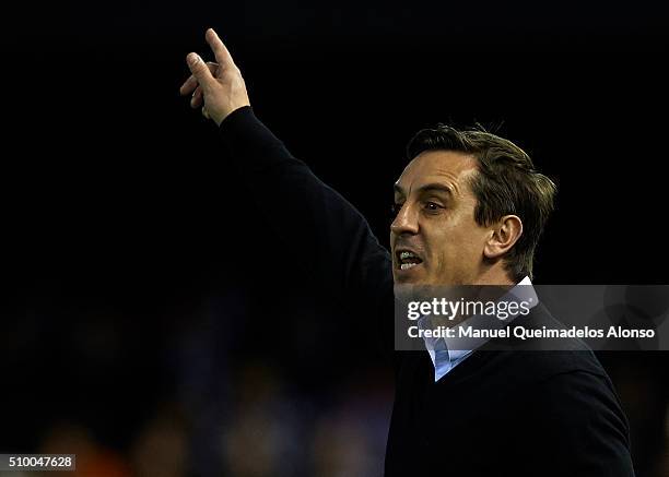 Gary Neville manager of Valencia CF gives instructions during the La Liga match between Valencia CF and RCD Espanyol at Estadi de Mestalla on...