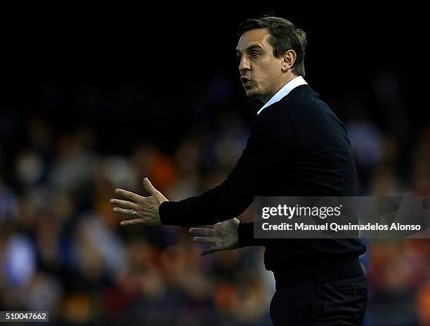 Gary Neville manager of Valencia CF gives instructions during the La Liga match between Valencia CF and RCD Espanyol at Estadi de Mestalla on...