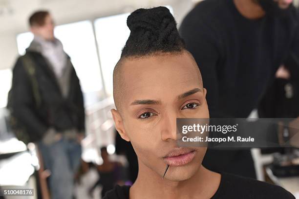 Designer Stevie Boi gets her make up done backstage at Stevie Boi during Fall 2016 New York Fashion Week at Studio 450 on February 13, 2016 in New...