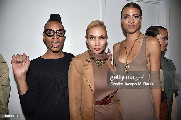 Models and designer Stevie Boi pose during backstage of Stevie Boi during Fall 2016 New York Fashion Week at Studio 450 on February 13, 2016 in New...