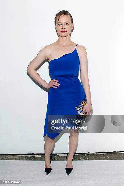 Actress Thora Birch poses backstage at the Christian Siriano Fall 2016 fashion show during New York Fashion Week at ArtBeam on February 13, 2016 in...