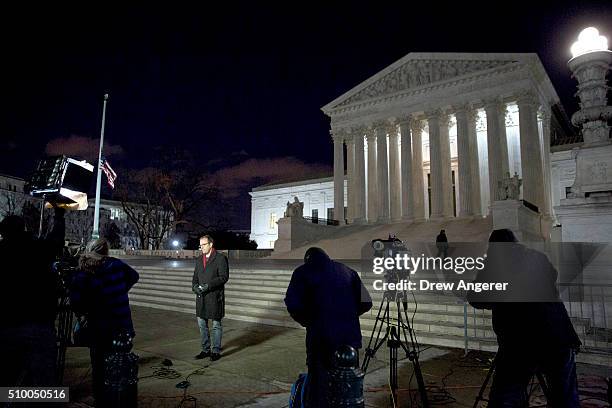 The media gathers in front of the U.S. Supreme Court February 13, 2016 in Washington, DC. Supreme Court Justice Antonin Scalia was at a Texas Ranch...