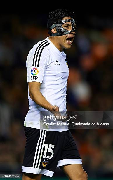 Enzo Perez of Valencia reacts during the La Liga match between Valencia CF and RCD Espanyol at Estadi de Mestalla on February 13, 2016 in Valencia,...