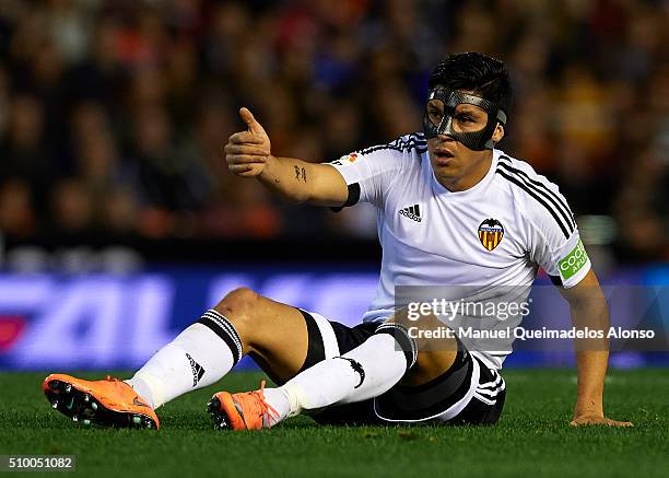 Enzo Perez of Valencia reacts on the pitch during the La Liga match between Valencia CF and RCD Espanyol at Estadi de Mestalla on February 13, 2016...