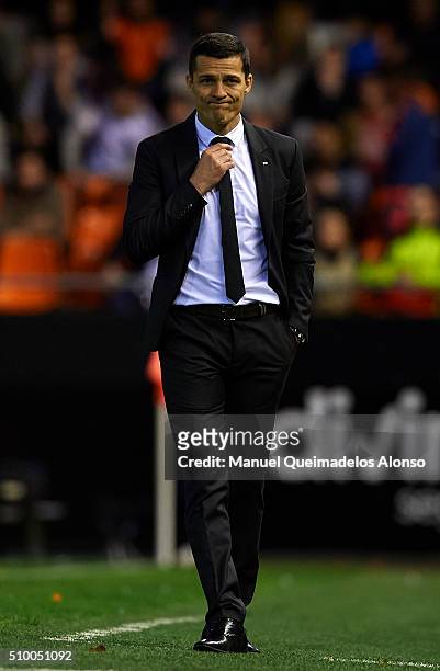 Manager Constantin Galca of Espanyol reacts during the La Liga match between Valencia CF and RCD Espanyol at Estadi de Mestalla on February 13, 2016...
