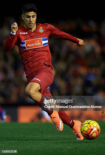 Marco Asensio of Espanyol runs with the ball during the La Liga match between Valencia CF and RCD Espanyol at Estadi de Mestalla on February 13, 2016...