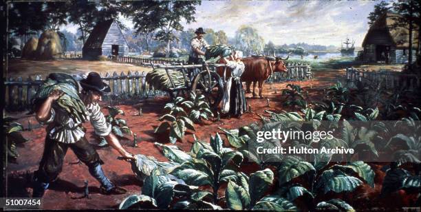 Painting of three farm workers harvesting tobacco leaves on a Virginia plantation with farm buildings visible as a sailing ship lies anchored on the...