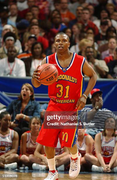 Sebastian Telfair of the East with the ball during the 2004 McDonald's High School All-American Game at Ford Center on May 31, 2004 in Oklahoma City,...