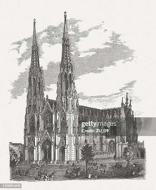 illustrazioni stock, clip art, cartoni animati e icone di tendenza di cattedrale di san patrizio, manhattan, nuovo york città, pubblicata nel 1880 - torre con guglia