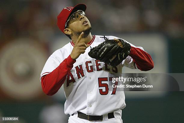 Francisco Rodriguez of the Anaheim Angels looks up during the game against the Boston Red Sox on June 1, 2004 at Angel Stadium in Anaheim,...