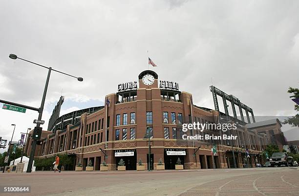 General view of the exterior home plate entrance to Coors Field, home of the Colorado Rockies on June 14, 2004 in Denver, Colorado.