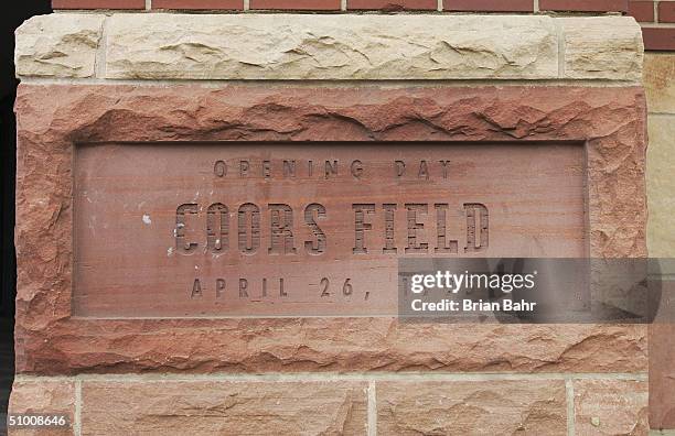 Close-up view of the plaque commemorating opening day at Coors Field, home of the Colorado Rockies on June 14, 2004 in Denver, Colorado.