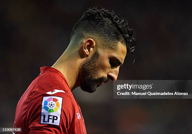 Alvaro Gonzalez of Espanyol reacts during the La Liga match between Valencia CF and RCD Espanyol at Estadi de Mestalla on February 13, 2016 in...