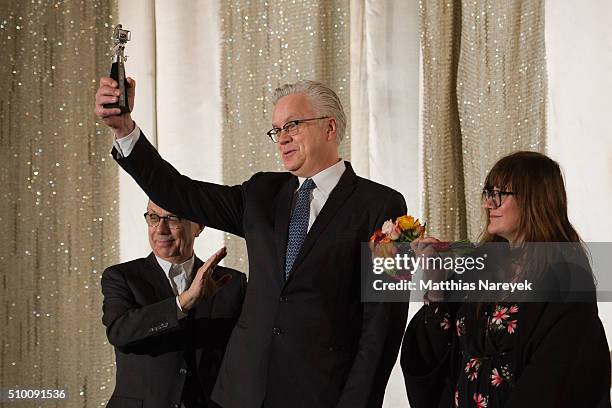 Tim Robbins, Dieter Kosslick and Isabel Coixet attend the awarding of the Berlinale Camera to Tim Robbins during the 66th Berlinale International...