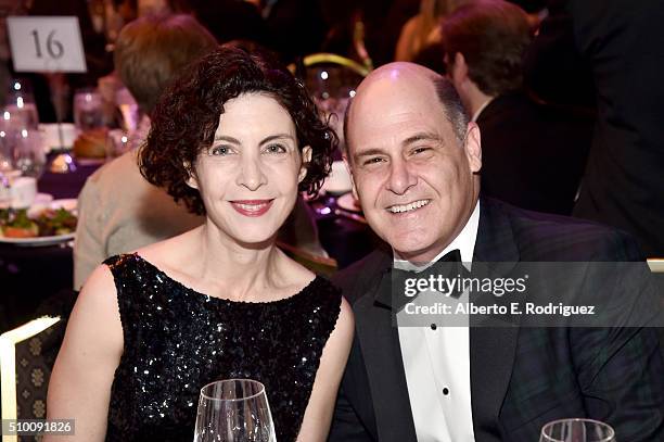 Architect Linda Brettler and writer/producer Matthew Weiner attend the Cocktail Reception before the 2016 Writers Guild Awards at the Hyatt Regency...