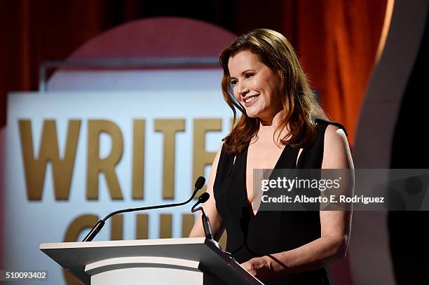 Actress Geena Davis speals onstage during the 2016 Writers Guild Awards at the Hyatt Regency Century Plaza on February 13, 2016 in Los Angeles,...