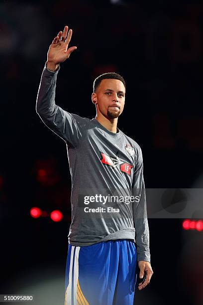 Stephen Curry of the Golden State Warriors is introduced for the Foot Locker Three-Point Contest during NBA All-Star Weekend 2016 at Air Canada...