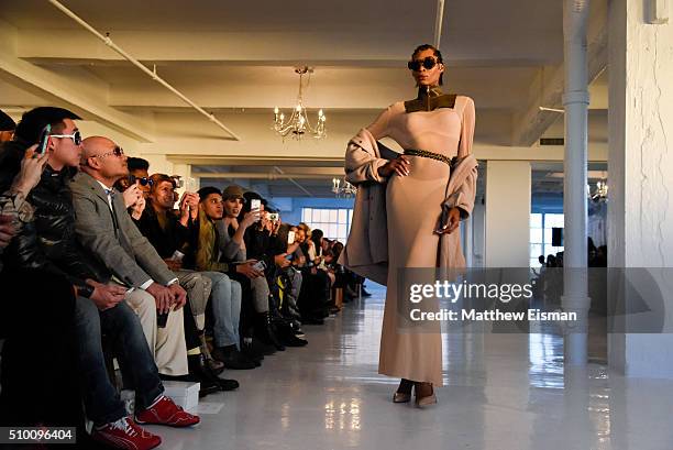 Model walks the runway at the Stevie Boi Fall 2016 fashion show during New York Fashion Week at Studio 450 on February 13, 2016 in New York City.