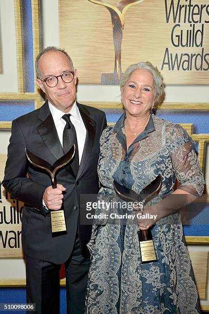 Honorees David Crane and Marta Kauffman, recipients of the Paddy Chayefsky Laurel Award, pose in the Press Room during the 2016 Writers Guild Awards...