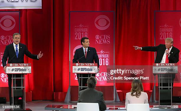 Republican presidential candidates Jeb Bush, Sen. Ted Cruz and Donald Trump participate in a CBS News GOP Debate February 13, 2016 at the Peace...