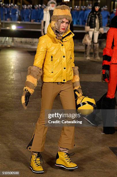 Model walks the runway at the Moncler Grenoble Autumn Winter 2016 fashion show during New York Fashion Week on February 13, 2016 in New York, United...