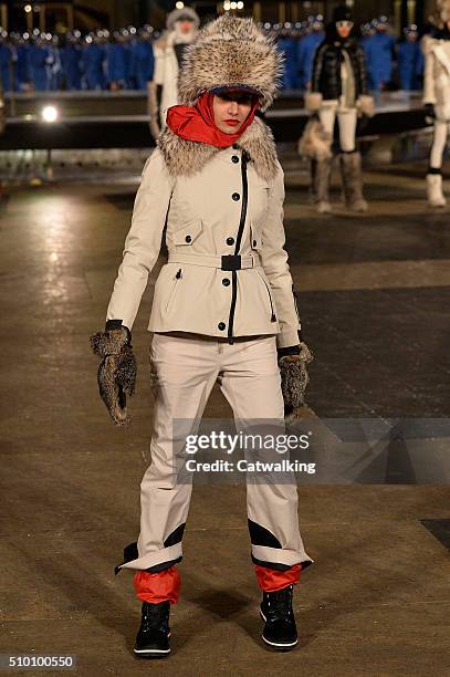 Model walks the runway at the Moncler Grenoble Autumn Winter 2016 fashion show during New York Fashion Week on February 13, 2016 in New York, United...