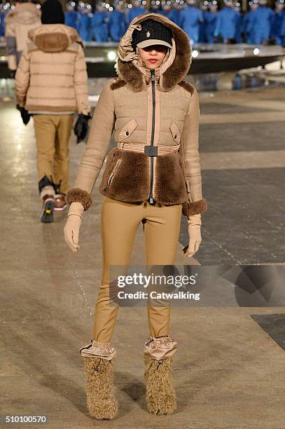 Model walks the runway at the Moncler Grenoble Autumn Winter 2016 fashion show during New York Fashion Week on February 13, 2016 in New York, United...