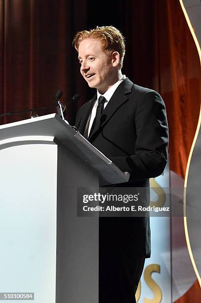 Writer Dan Fybel accepts the Animation award for 'Bob's Burgers' onstage during the 2016 Writers Guild Awards at the Hyatt Regency Century Plaza on...