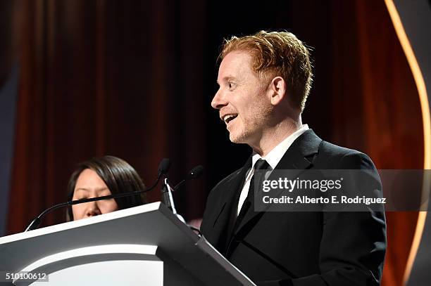 Writer Dan Fybel accepts the Animation award for 'Bob's Burgers' onstage during the 2016 Writers Guild Awards at the Hyatt Regency Century Plaza on...