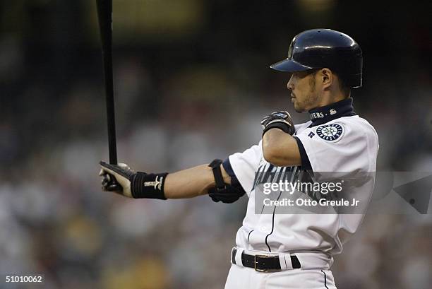 Ichiro Suzuki of the Seattle Mariners bats against the Texas Rangers on June 29, 2004 at Safeco Field in Seattle, Washington.