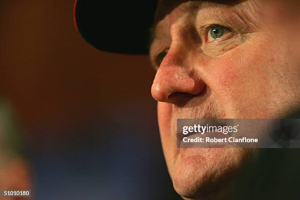 Kevin Sheedy coach of the Essendon Bombers talks to the media after resigning his coaching contract to stay with the Bombers for a further three...