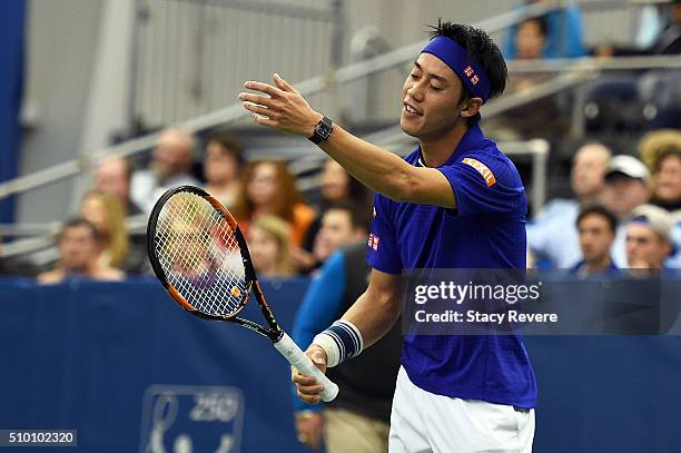 Kei Nishikori of Japan reacts to a shot during his semi-final singles match against Sam Querrey of the United States on Day 6 of the Memphis Openat...