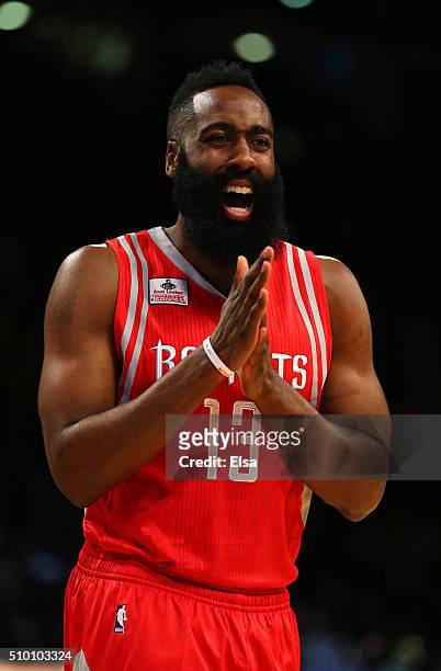 James Harden of the Houston Rockets reacts in the Foot Locker Three-Point Contest during NBA All-Star Weekend 2016 at Air Canada Centre on February...