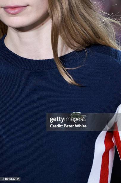 Model, details, walks the runway wearing Lacoste Fall 2016 during New York Fashion Week at Spring Studios on February 13, 2016 in New York City.