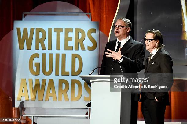 Writers Adam McKay and Charles Randolph accept the Adapted Screenplay award for 'The Big Short' onstage during the 2016 Writers Guild Awards at the...