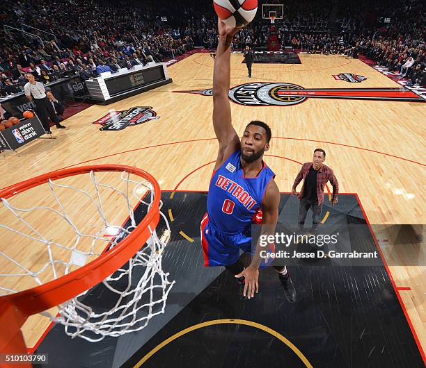 Andre Drummond of the Detroit Pistons goes up for the dunk during the Verizon Slam Dunk Contest as part of the 2016 NBA All Star Weekend on February...