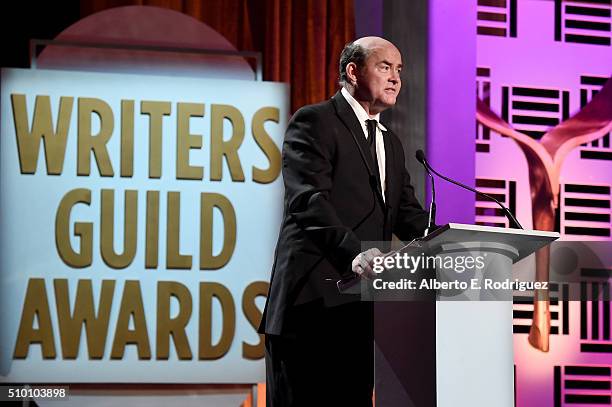 Actor/comedian David Koechner speaks onstage during the 2016 Writers Guild Awards at the Hyatt Regency Century Plaza on February 13, 2016 in Los...